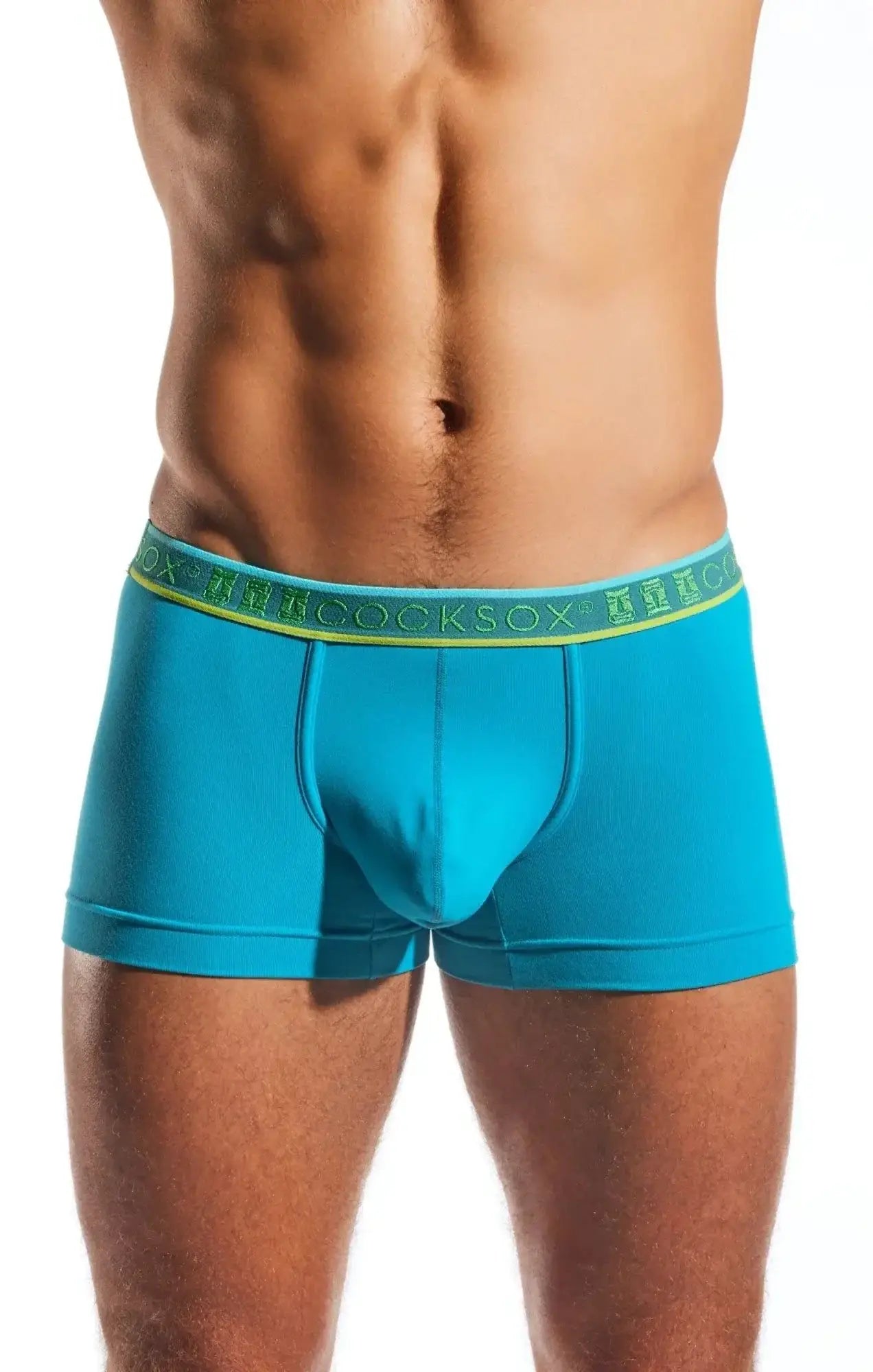 Turquoise blue men’s Cocksox CX94 boxer briefs with lime green elastic waistband featuring repeating brand name