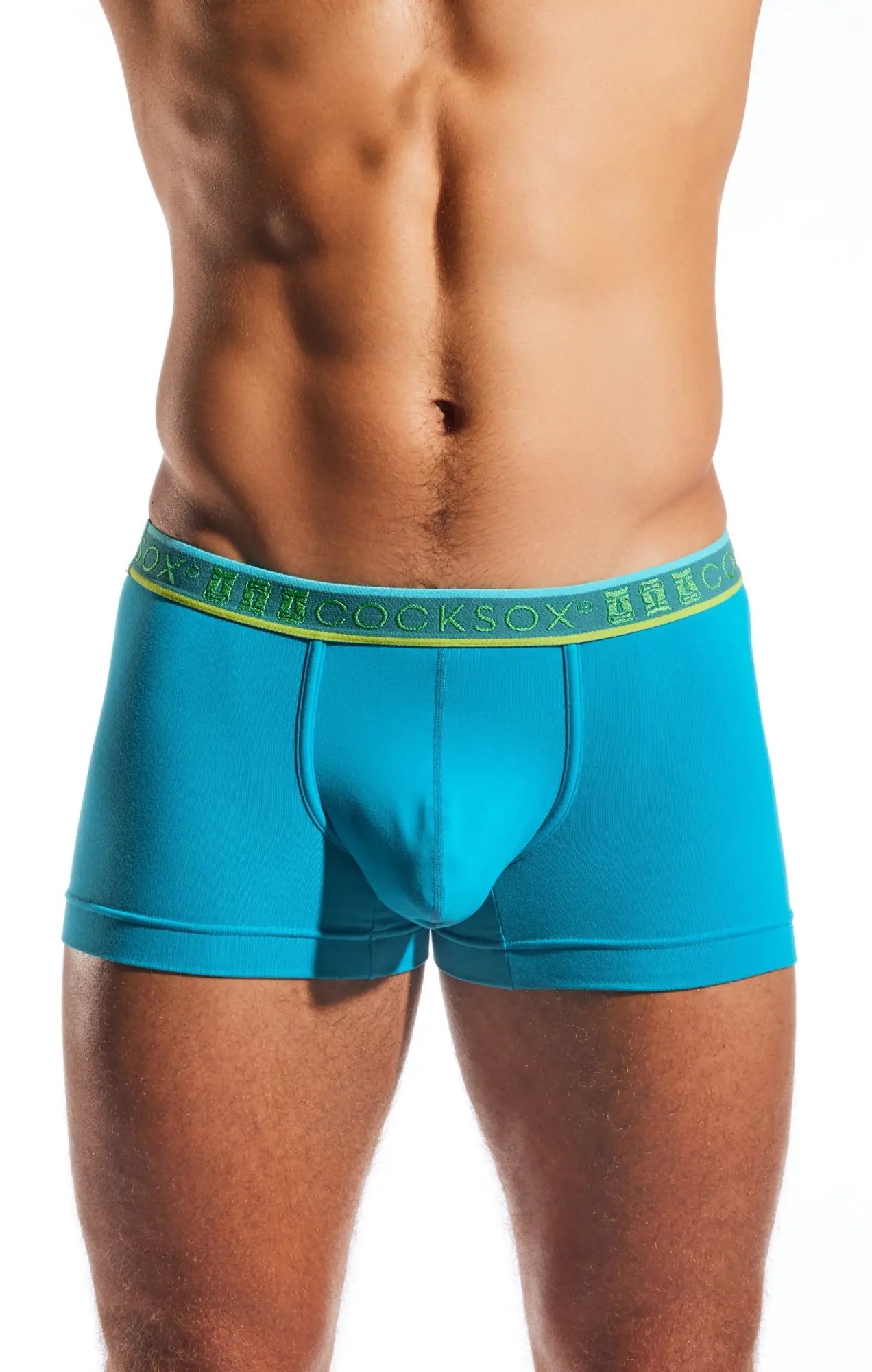 Turquoise blue men’s Cocksox CX94 boxer briefs with lime green elastic waistband featuring repeating brand name