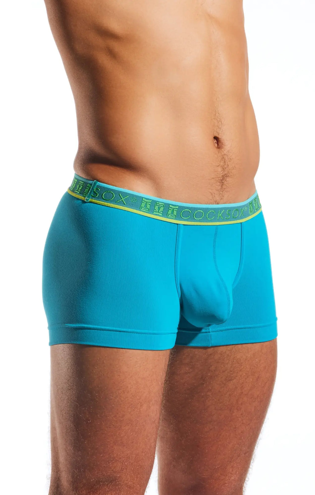 Turquoise cocksox cx94 boxer briefs with lime green elastic waistband featuring the sox cock logo