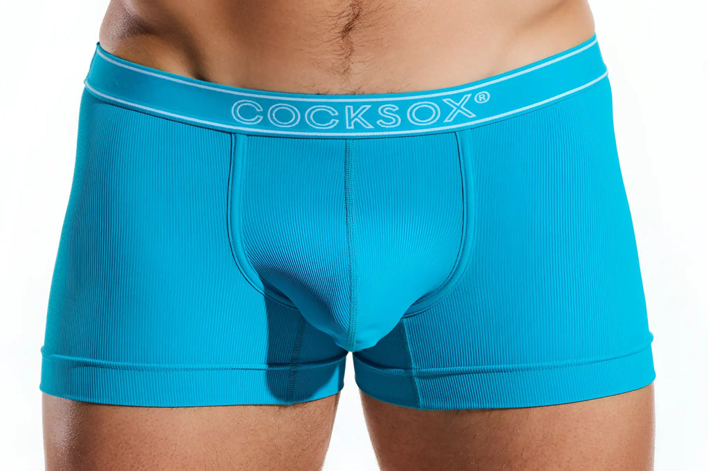 Cocksox CX94BR boxer brief in blue ribbed fabric with a white logo waistband for men