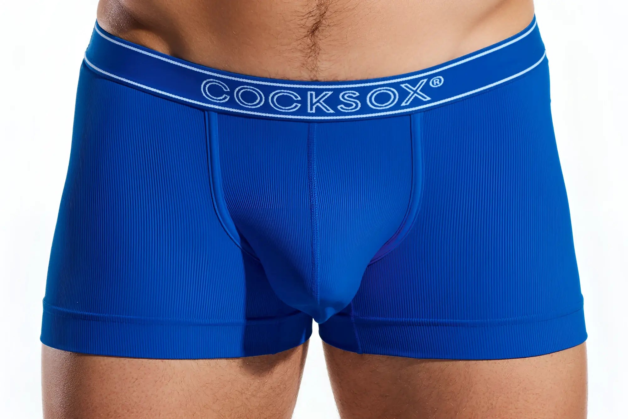 Royal blue ribbed Cocksox CX94BR boxer briefs with white Cocksox logo on the waistband made for comfort and style