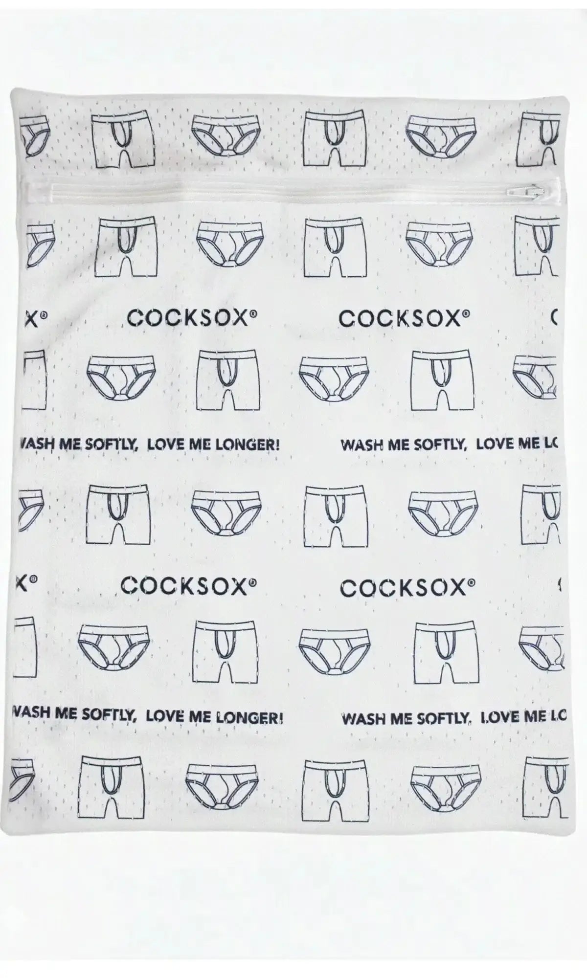 White mesh laundry bag featuring black outlined boxer briefs pattern and cocksox brand with wash me softly slogan