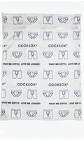 White mesh laundry bag featuring black outlined boxer briefs pattern and cocksox brand with wash me softly slogan