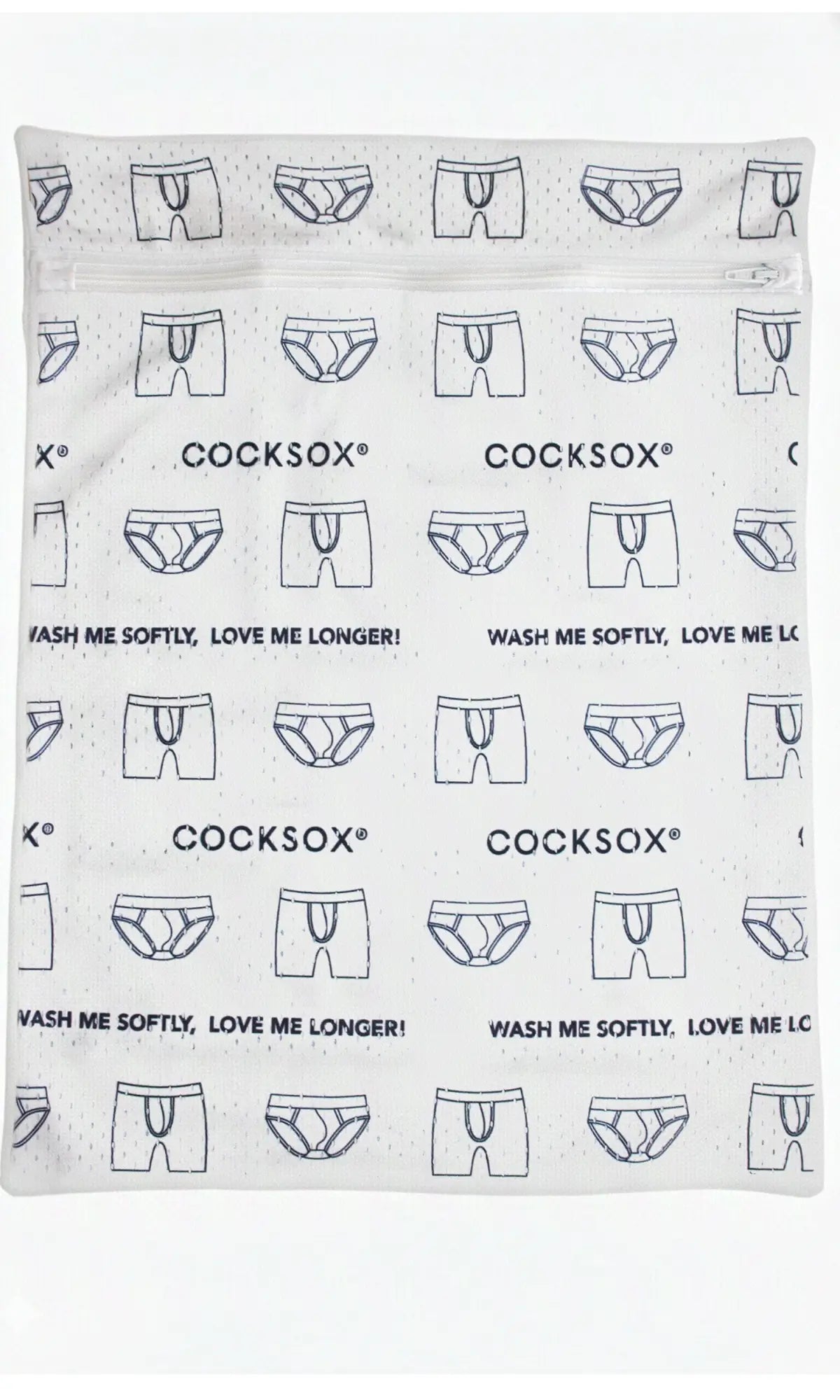 White mesh laundry bag featuring black outlined boxer briefs pattern and cocksox brand with wash me softly slogan