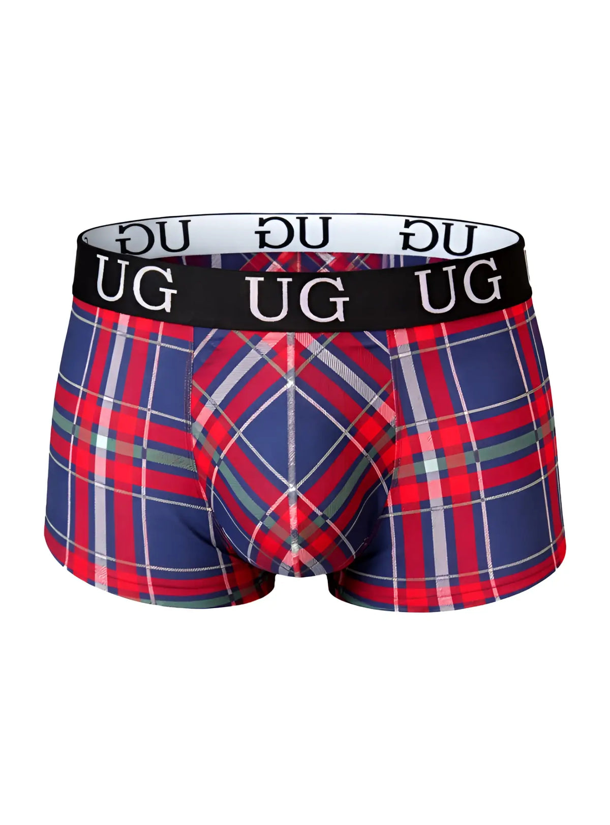 Comfort trunk blue red and gray plaid boxer briefs with black waistband and white ug logo for everyday comfort