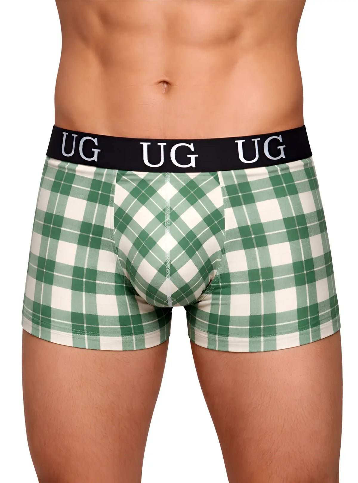 Comfort trunk green and white plaid boxer briefs with black waistband and ug logo for breathable everyday wear