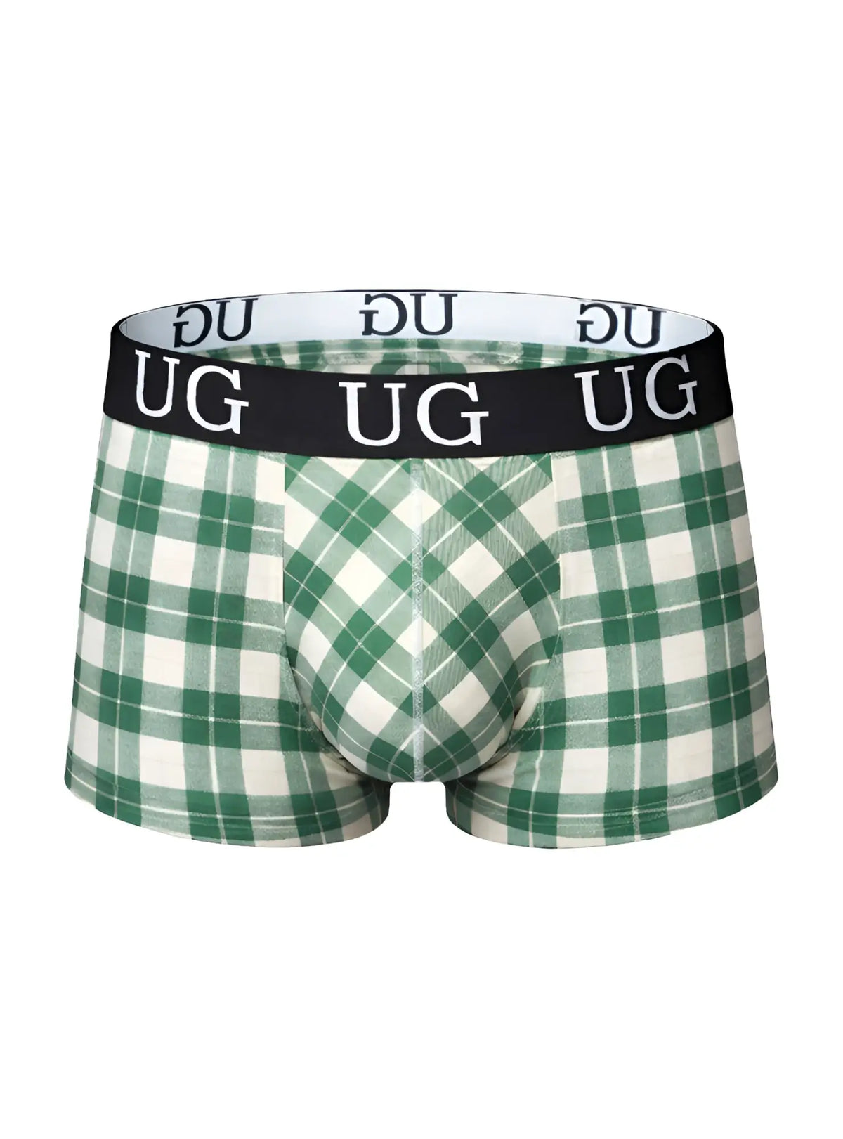 Comfort trunk green and white plaid menâ€™s boxer briefs with black waistband and ug logo designed for everyday comfort