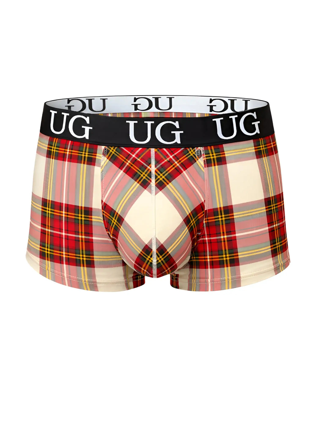 Comfort trunk plaid patterned ug underwear in red pink and cream with black waistband and white ug branding
