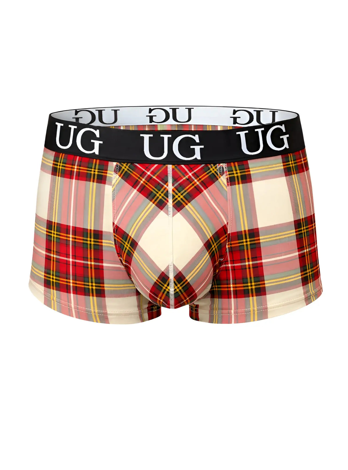 Comfort trunk plaid patterned ug underwear in red pink and cream with black waistband and white ug branding