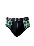 Black briefs with green and white plaid side panels and navy waistband with ug logo in contrast jock with snug pouch design