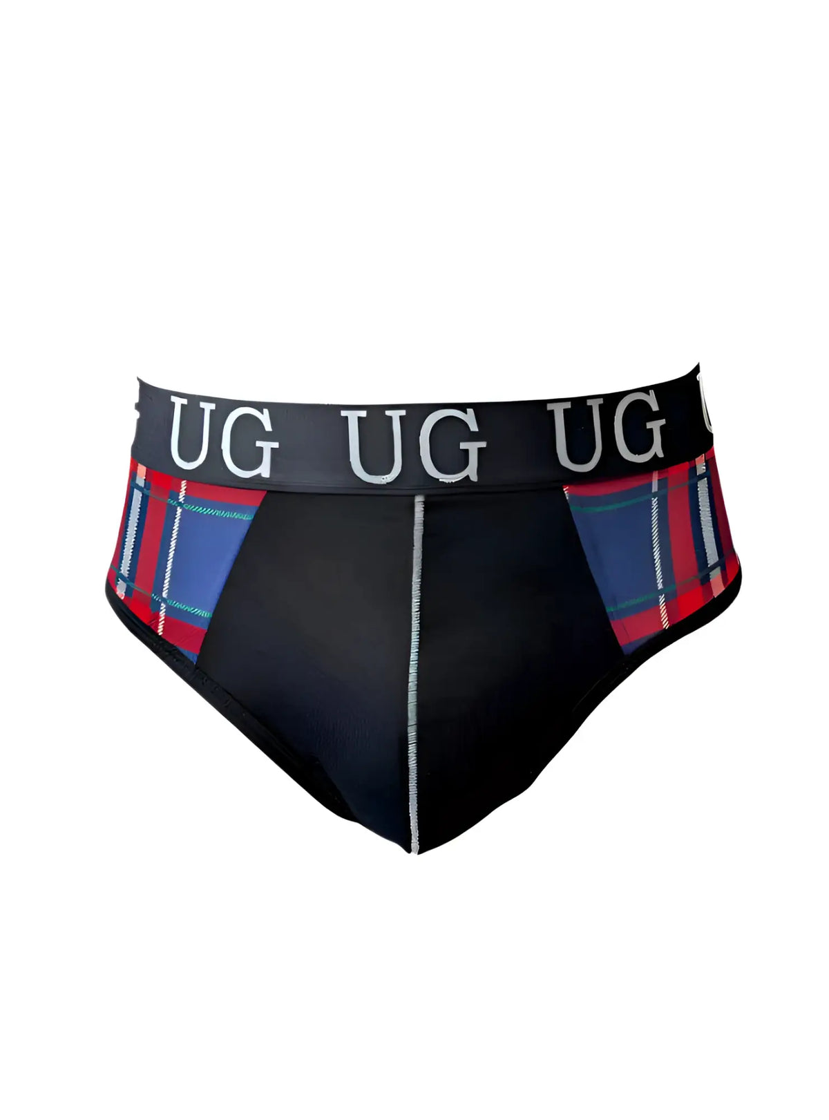 Black contrast jock briefs with snug pouch plaid red and blue sides and black waistband embroidered with ug in white