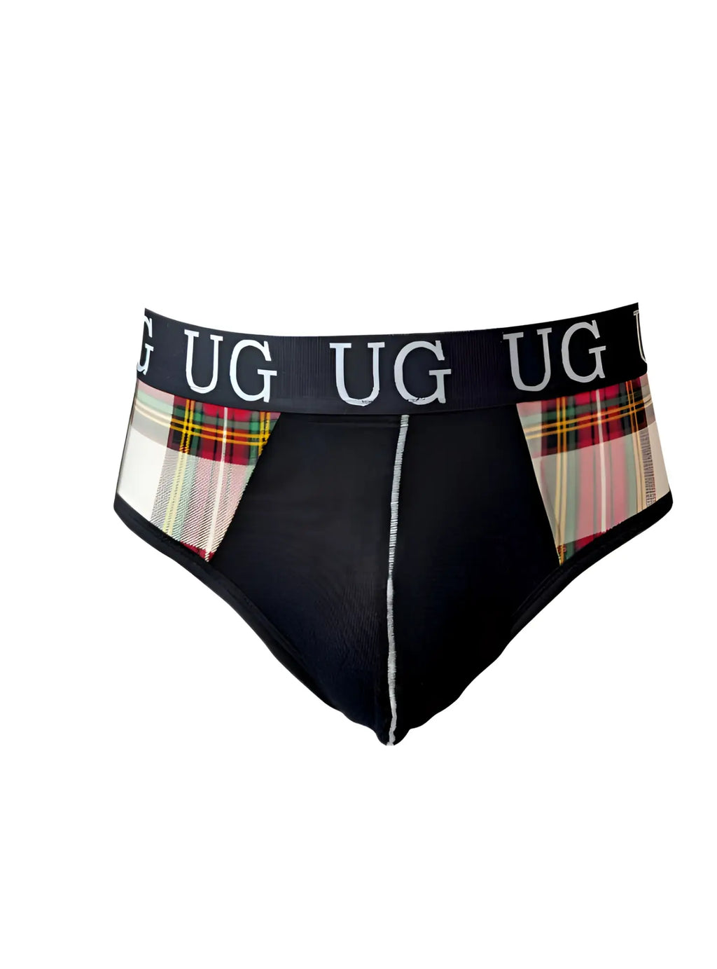 Black contrast jock briefs with snug pouch featuring plaid side panels and a waistband with repeating ug branding