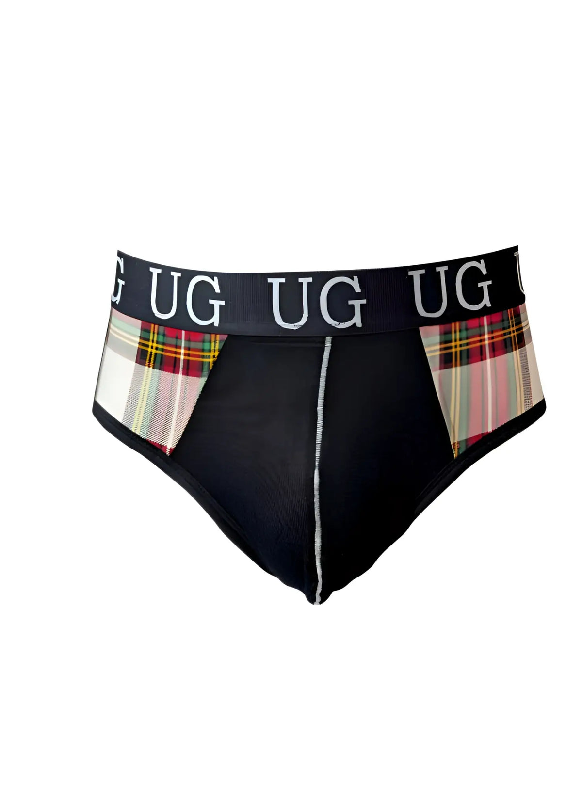 Black contrast jock briefs with snug pouch featuring plaid side panels and a waistband with repeating ug branding