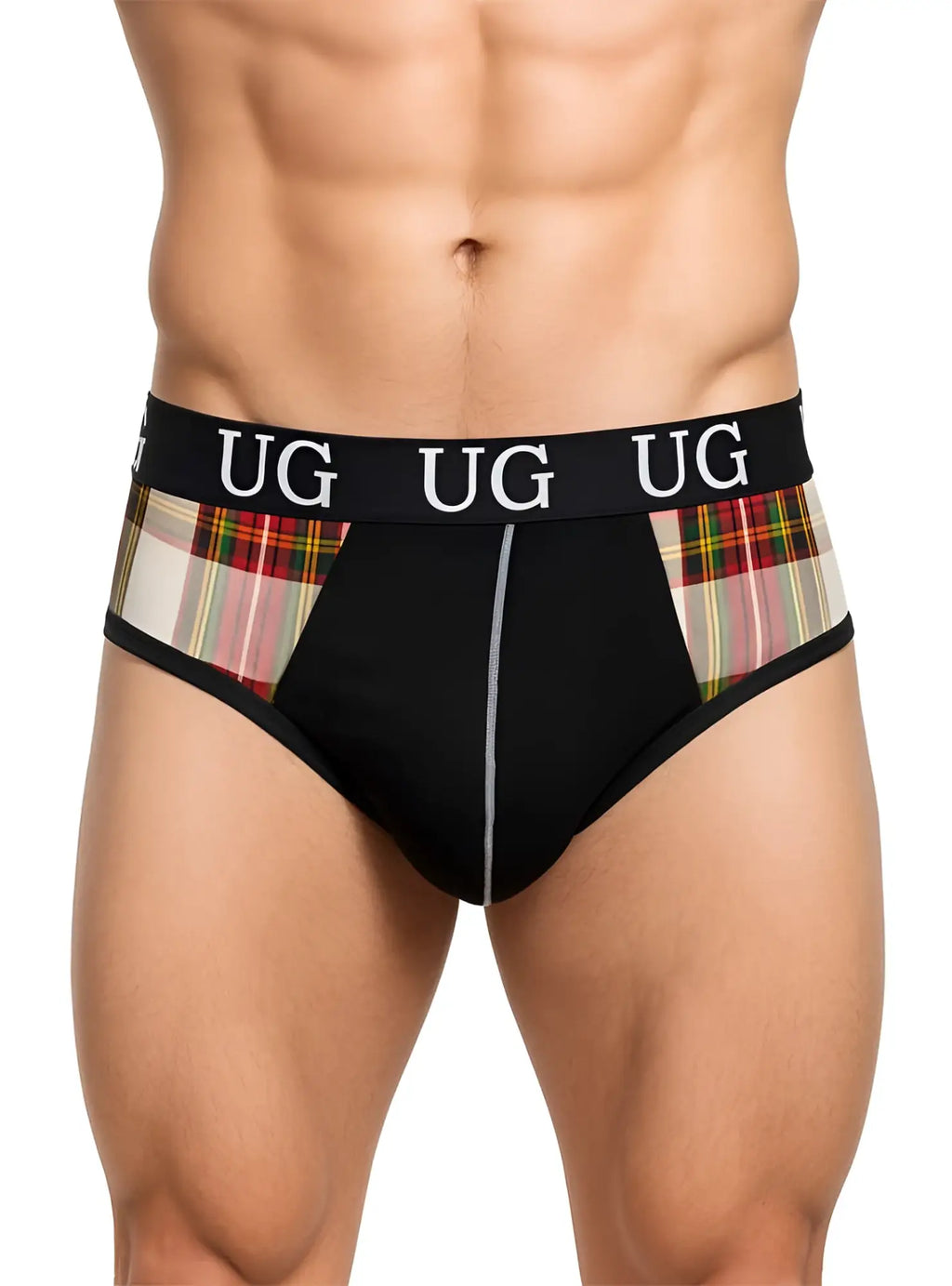 Black briefs with plaid sides and black waistband featuring ug branding designed with a snug pouch for comfort