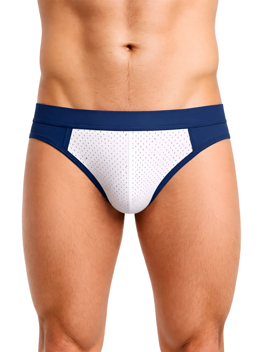 Navy blue and white cotton stretch bikini briefs with perforated mesh panel for athletic performance