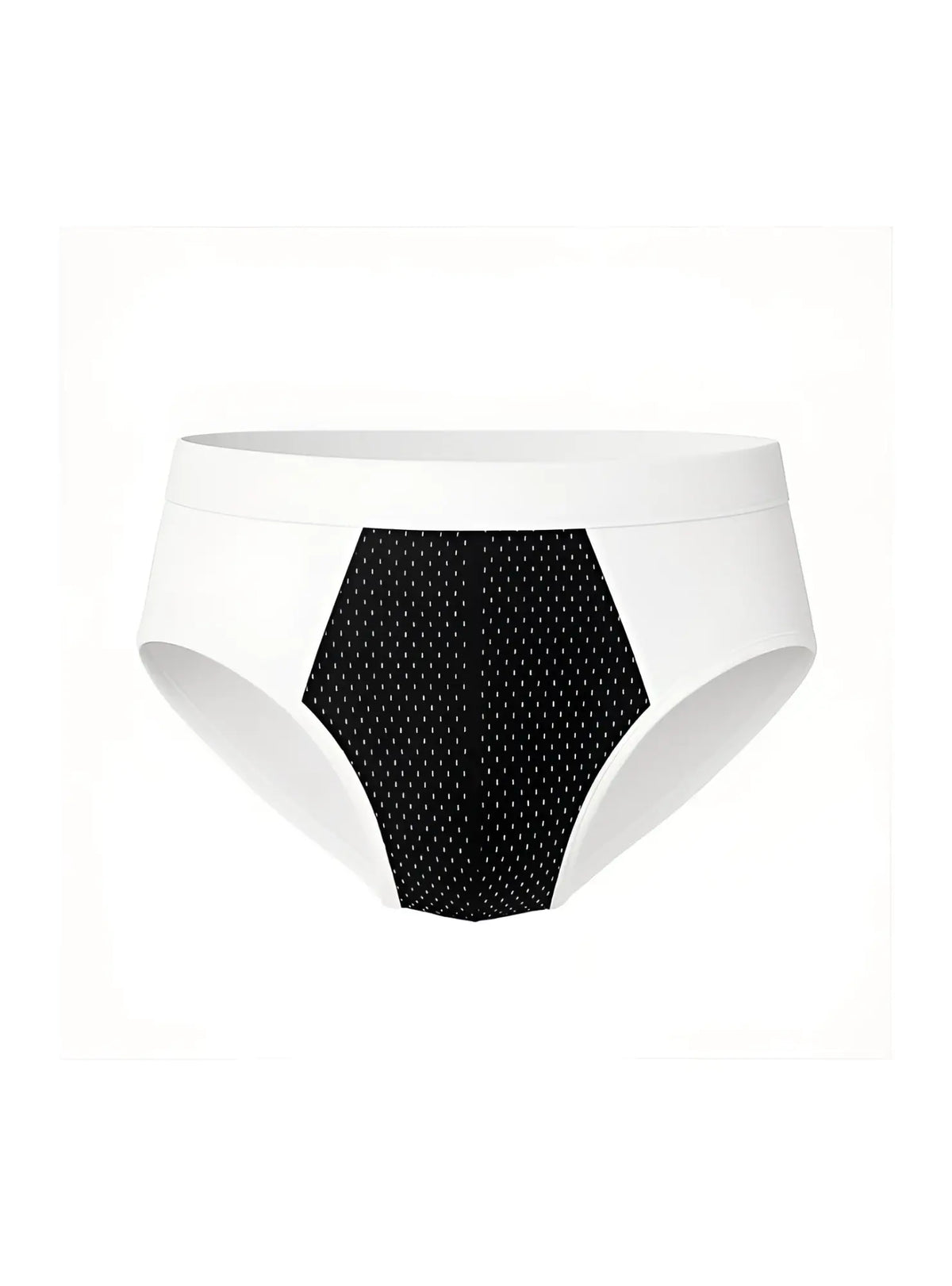 White cotton stretch briefs with black hexagonal panel featuring small white dots on the front side