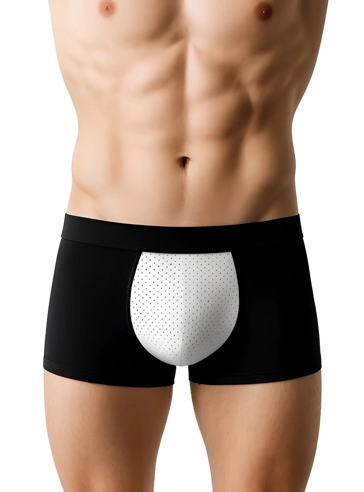 Black cotton stretch trunk boxer briefs with white perforated front panel for breathable comfort