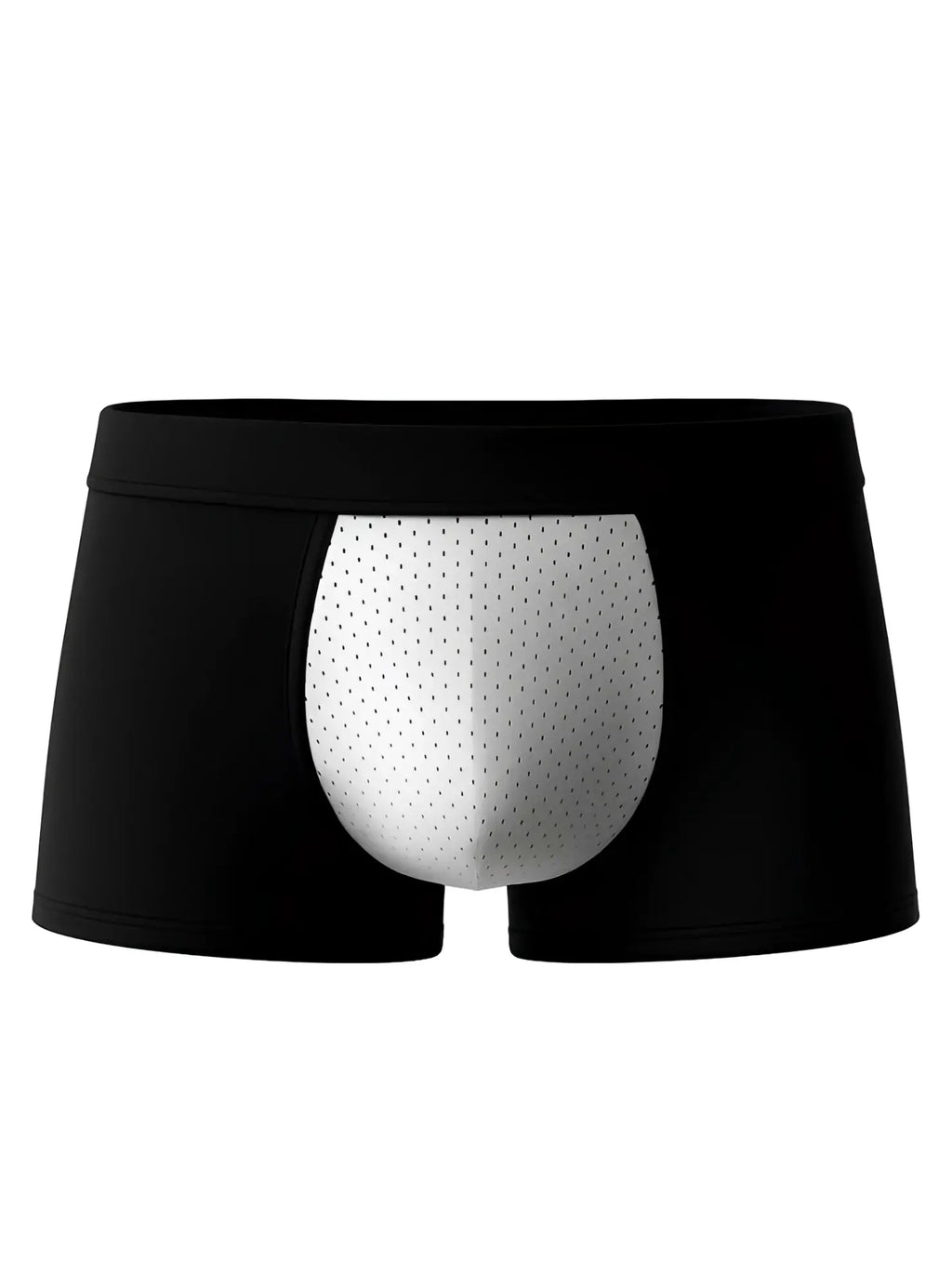 Black menâ€™s cotton stretch trunk boxer briefs with white perforated mesh panel on the front for breathability