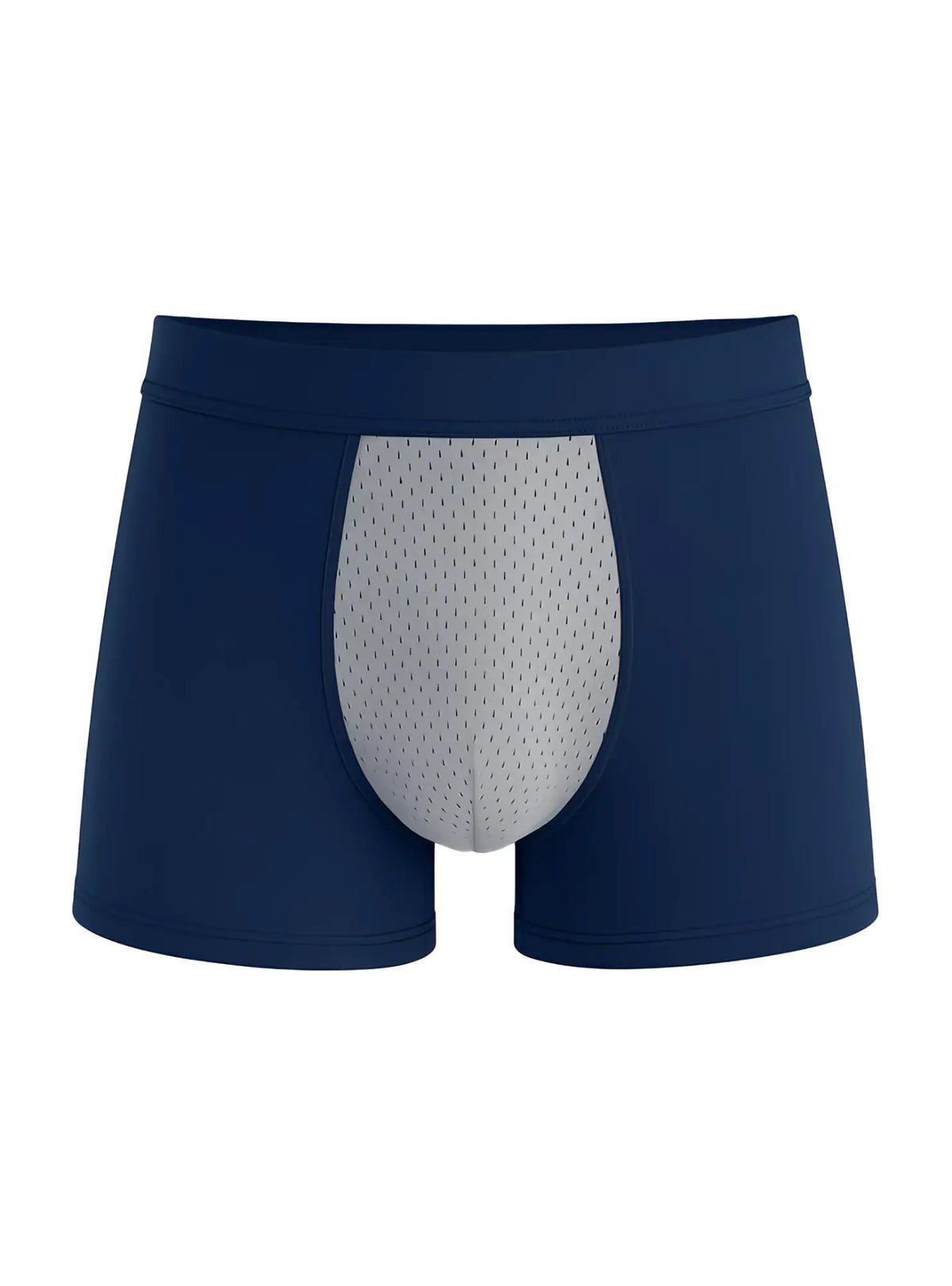 Navy blue cotton stretch trunk boxer briefs with a gray mesh panel on the front for breathable comfort