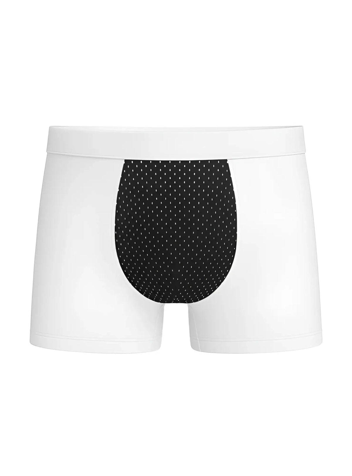 Cotton stretch trunk white briefs with black mesh panel featuring small white dots front view
