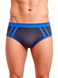 Cottonflex brief in blue and gray with bold blue diagonal stripes made from soft cotton for athletic use