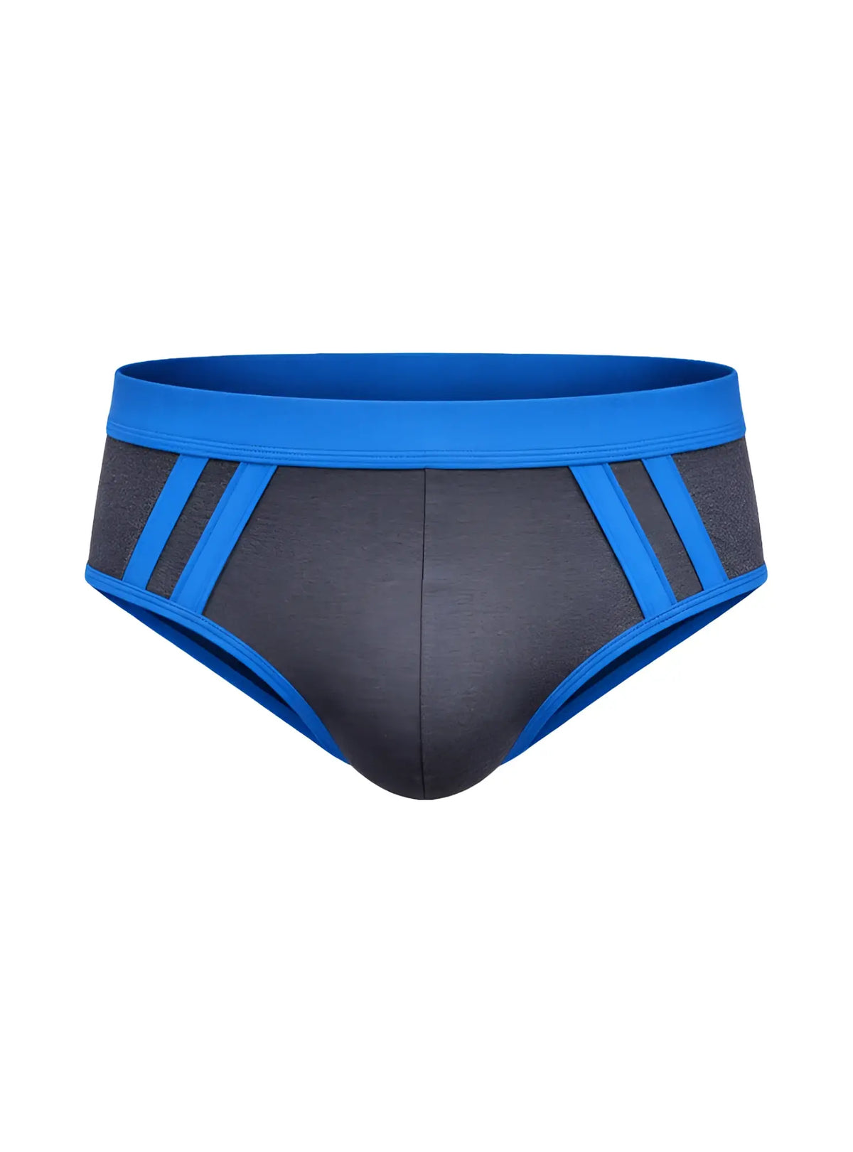Cottonflex brief in blue and gray with bold blue waistband and side stripes made of soft flexible cotton blend