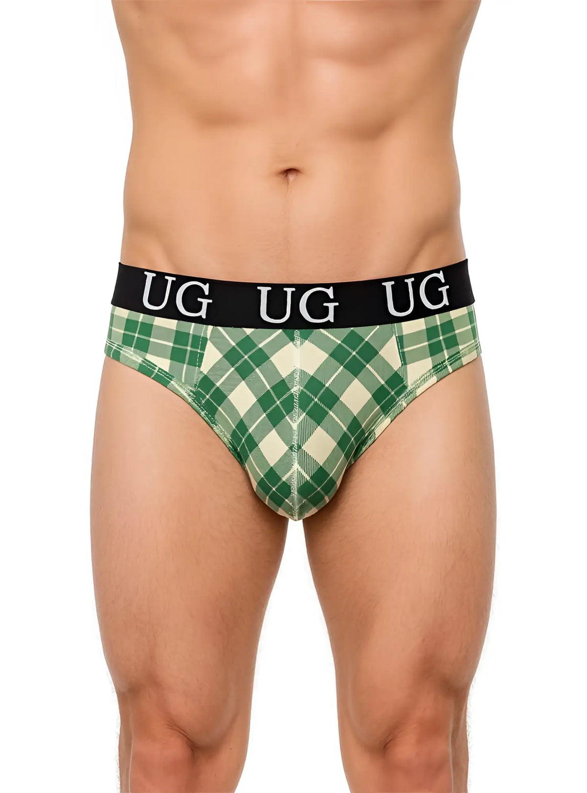 Country style plaids comfort thong in green and cream plaid with black waistband and white ug lettering front view
