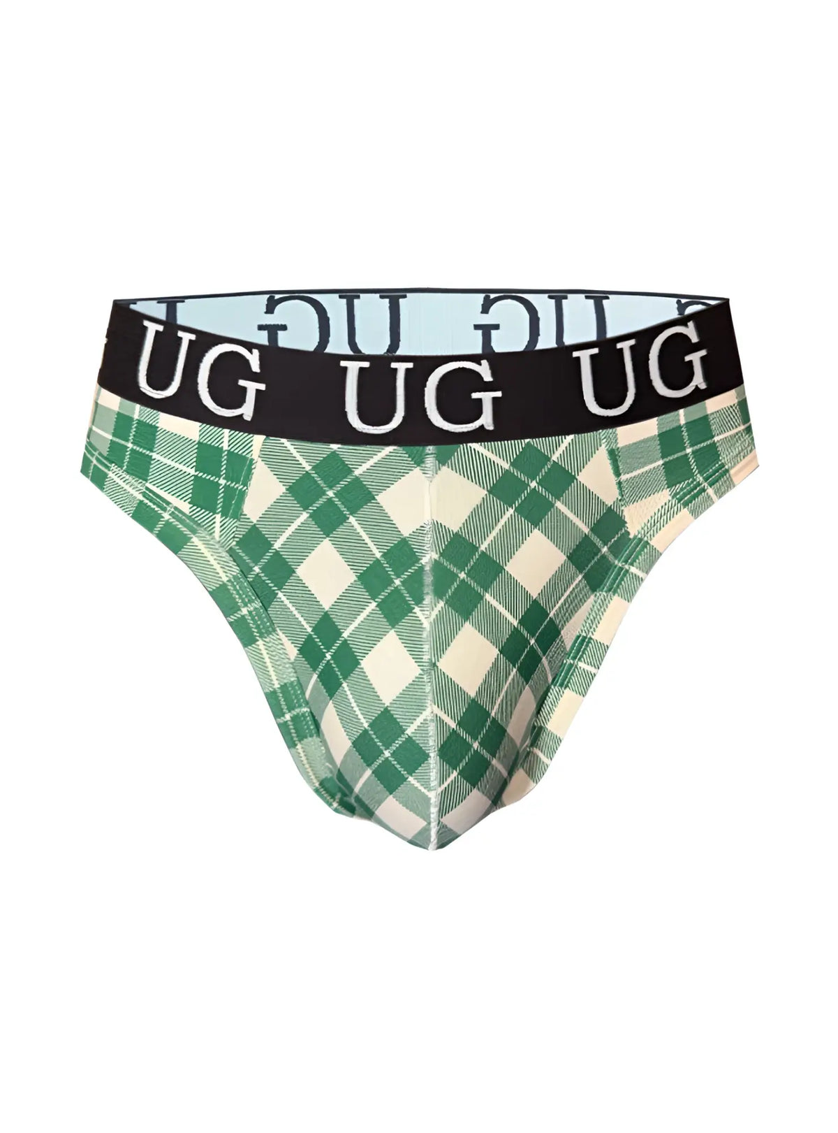 Country style plaids comfort thong in green and cream plaid with black waistband featuring white ug lettering