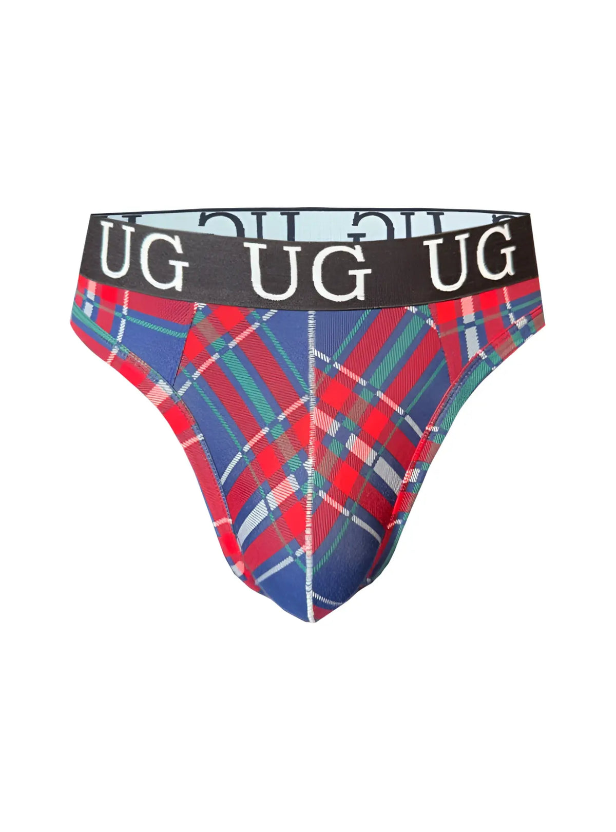 Country style plaids comfort thong with red blue and green plaid pattern and black waistband with white ug lettering