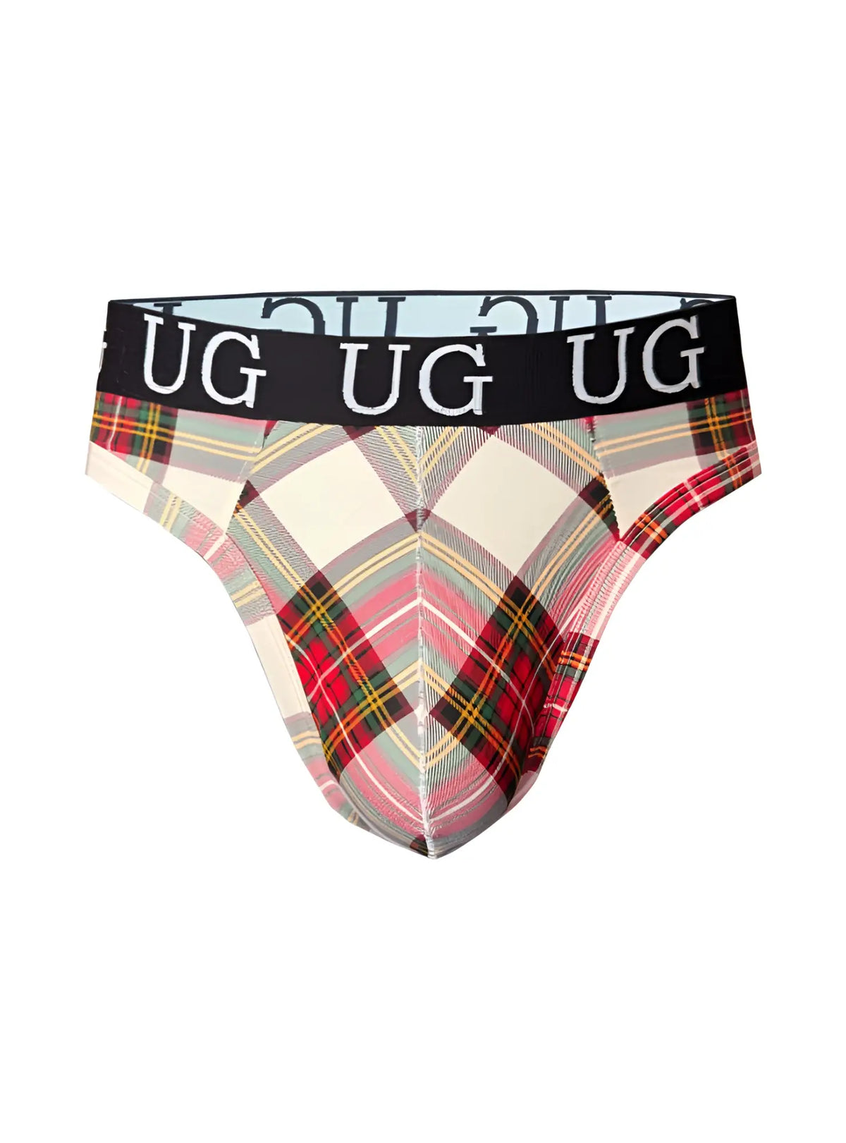 Country style plaids comfort thong underwear with red green cream plaid pattern and black waistband with Ug logo