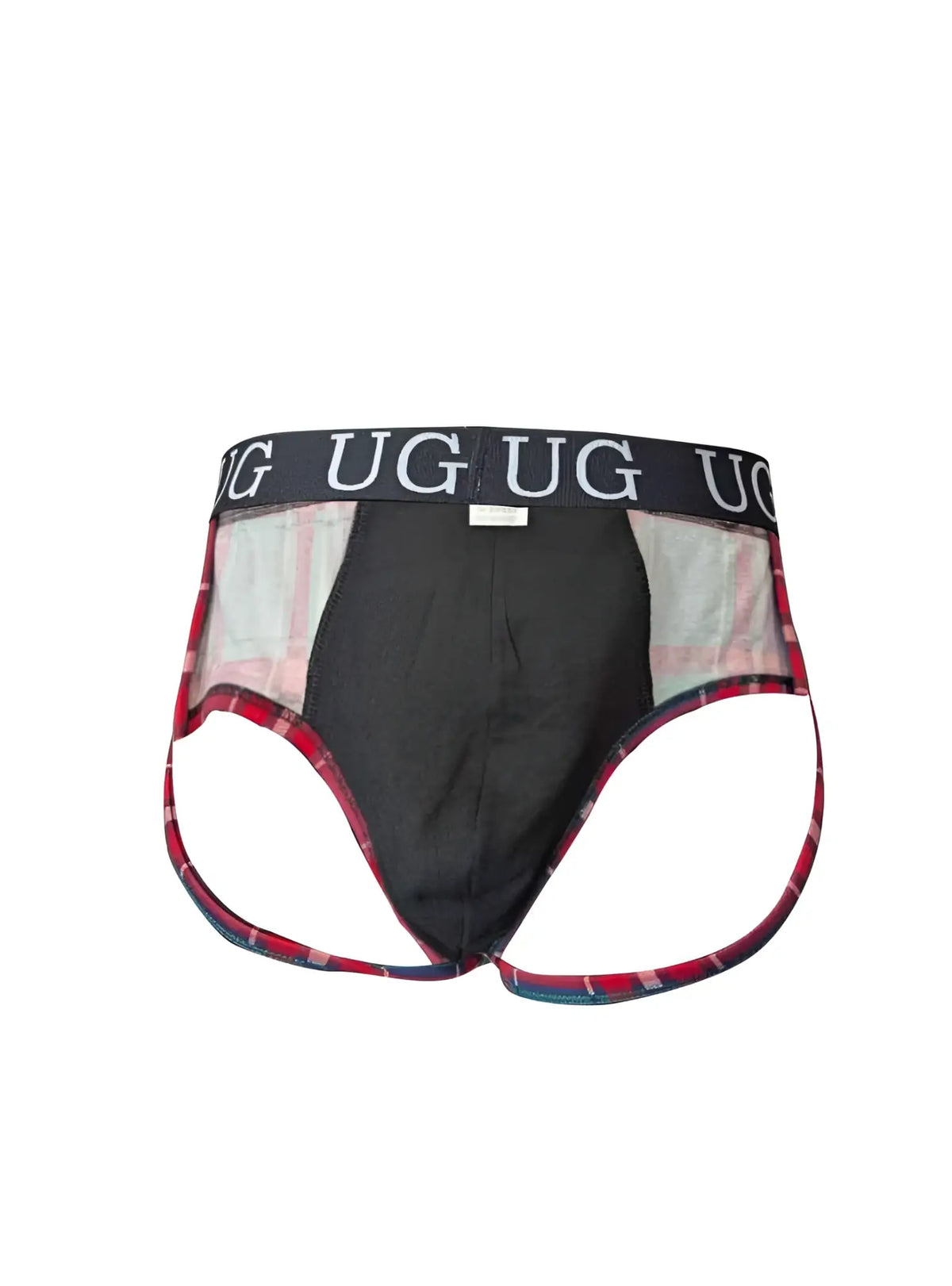 Country style plaids fit contour jockstrap in black and red plaid with branded waistband for men