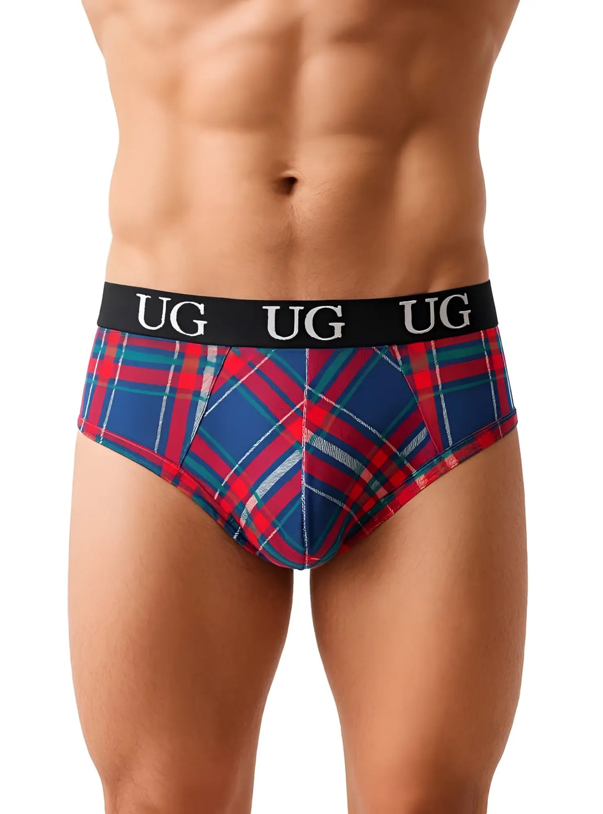 Blue red and white plaid country style plad fit contour jockstrap briefs with black ug logo waistband