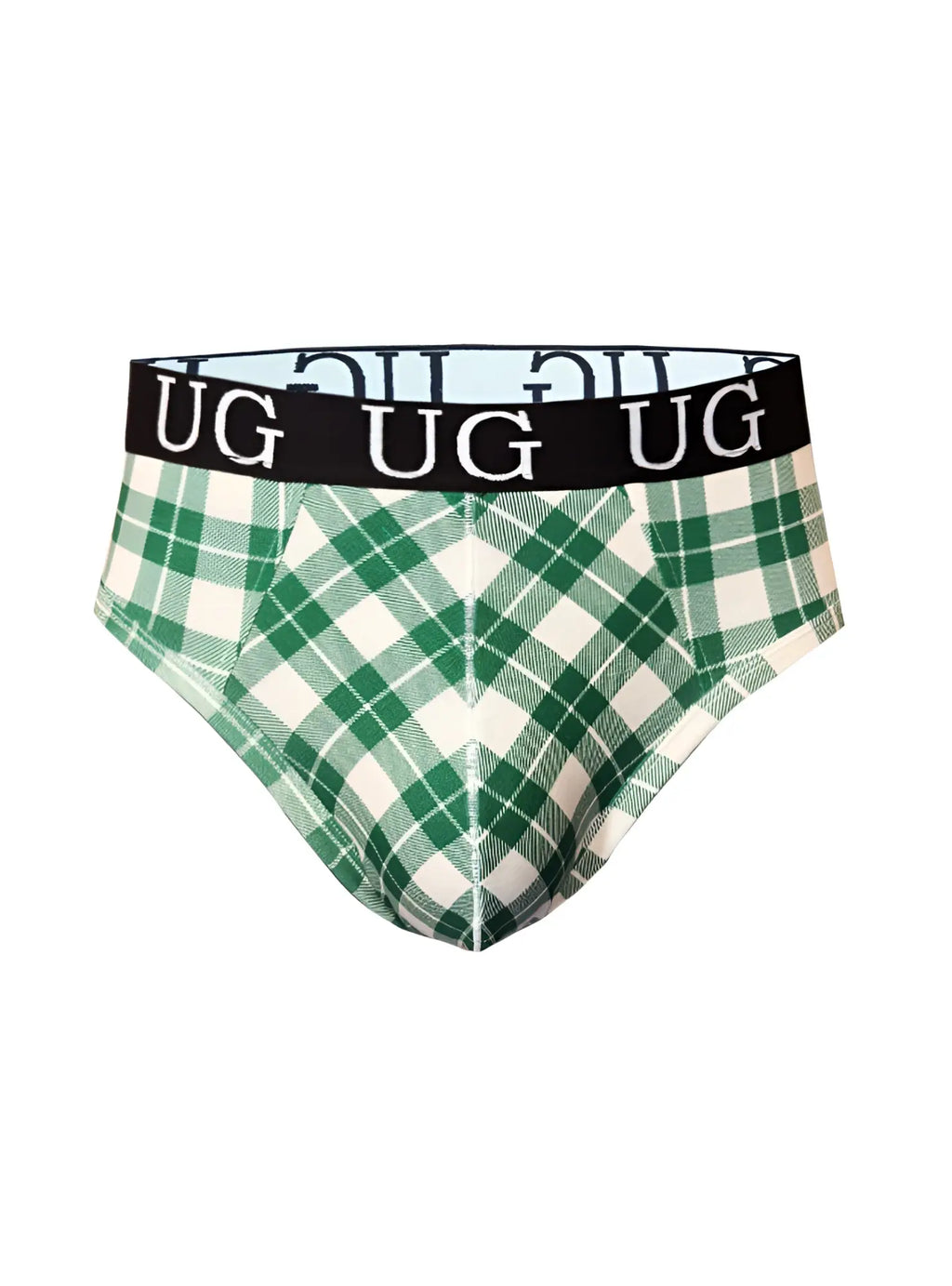 Green and white plaid menâ€™s briefs with a black waistband featuring the UG logo from the country style collection.