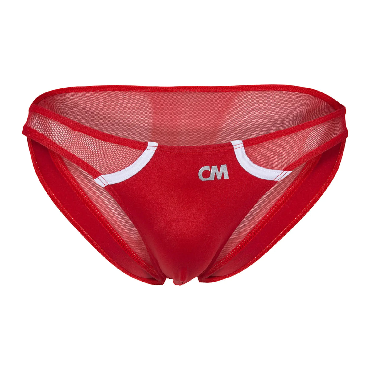 Cover male bikini for men in red mesh with white trim and cm logo on front for comfortable back cut style