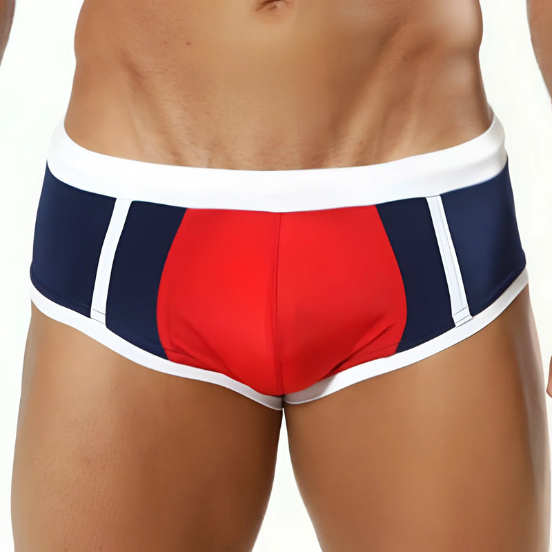 Cover male cm0706 swimwear navy blue and red swim trunks with white trim designed for beach and pool use
