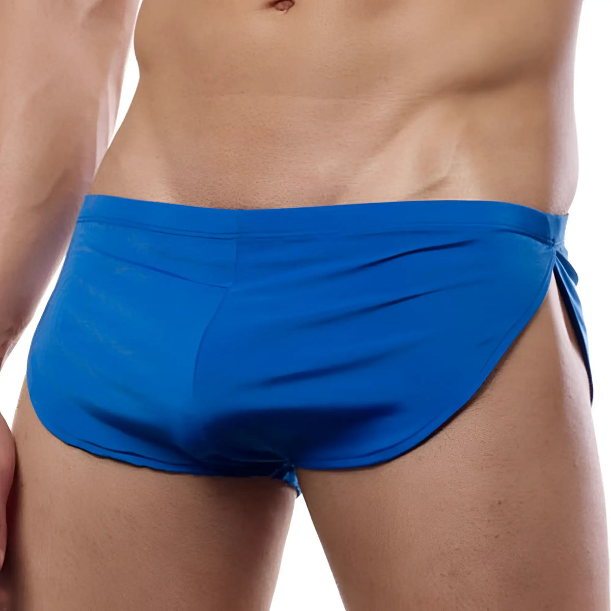 Bright blue cover male cm109 boxer swim trunks with form-fitting fabric and side-tie design for swimming