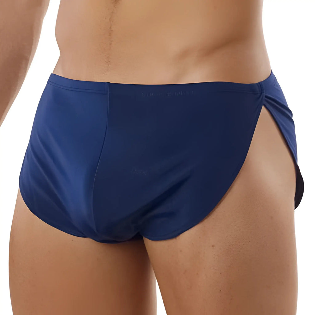 Navy blue Cover Male CM109 boxer briefs with side slit and elastic waistband for athletic performance