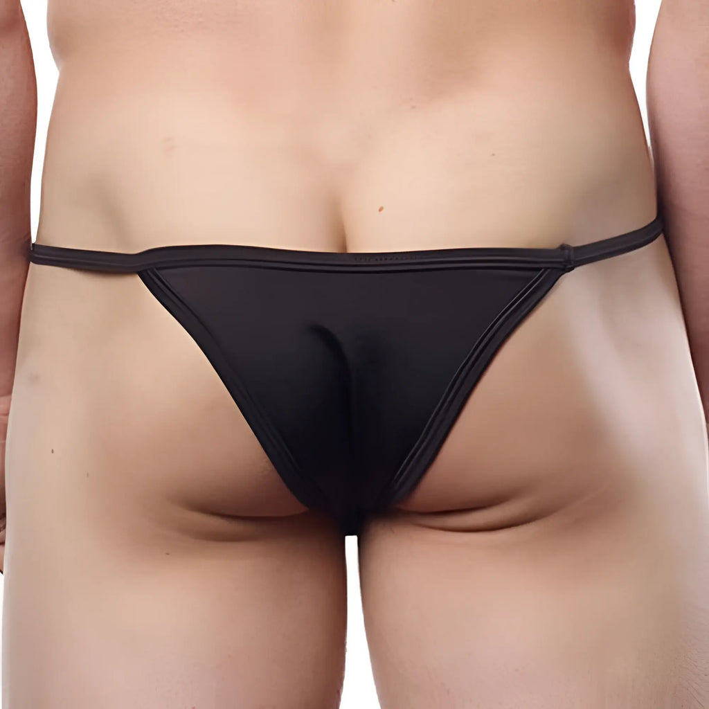 Black cover male cm112 bikini brief thong made of smooth stretchy fabric with thin waistband and minimal coverage