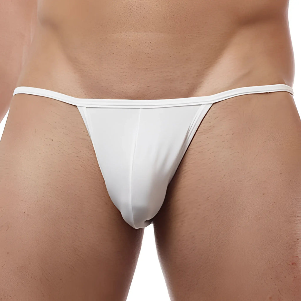 White cover male cm112 bikini brief thong made of smooth stretchy fabric shown from the back side