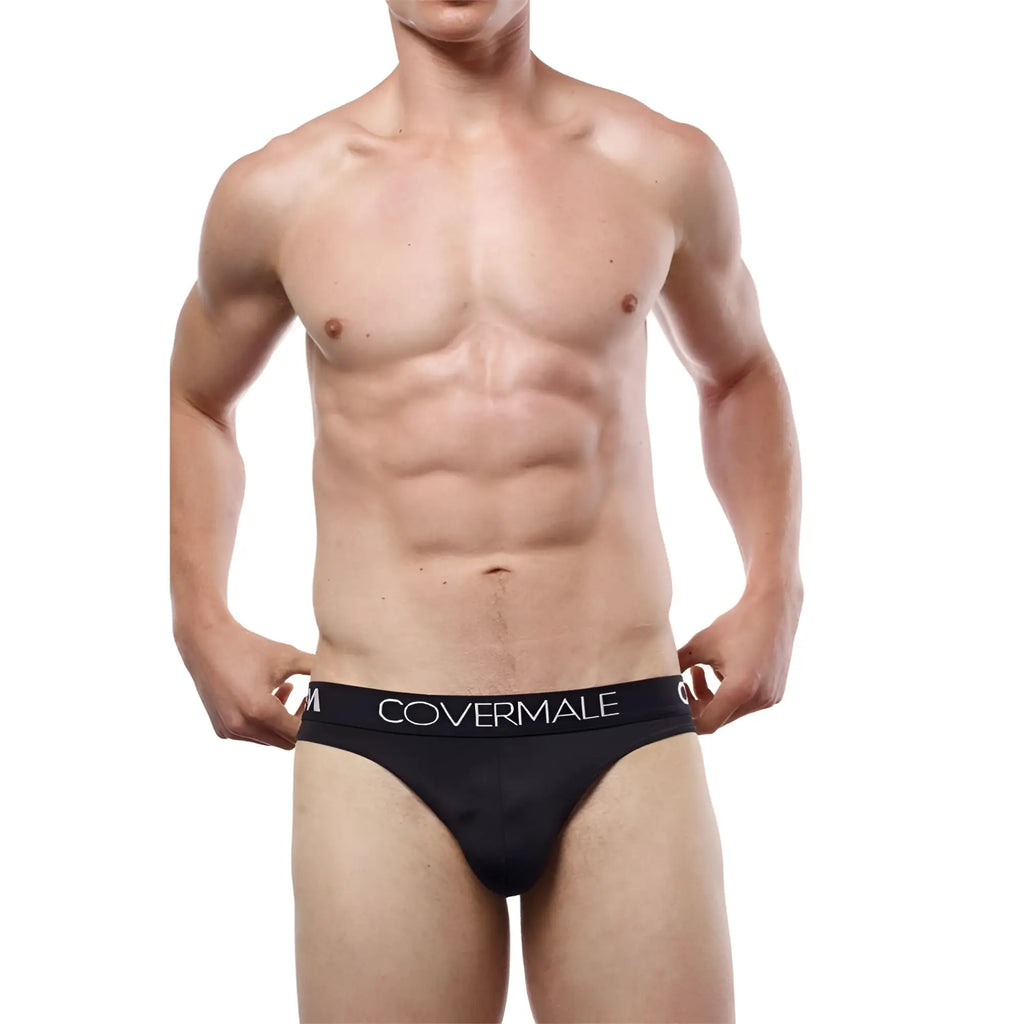 Black cover male cm115 bikini brief with white logo waistband designed for comfort and support