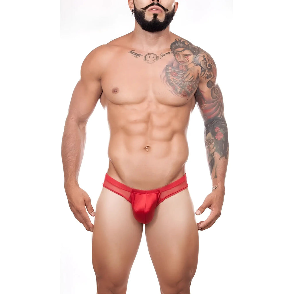 Red satin Cover Male CM165 thong with a sheer mesh waistband panel for a sleek and stylish fit