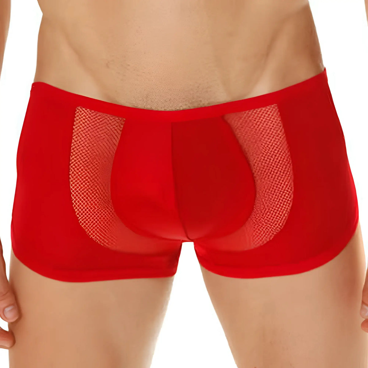 Red menâ€™s cover male cm206 boxer briefs showing the back with a sheer mesh panel for breathability