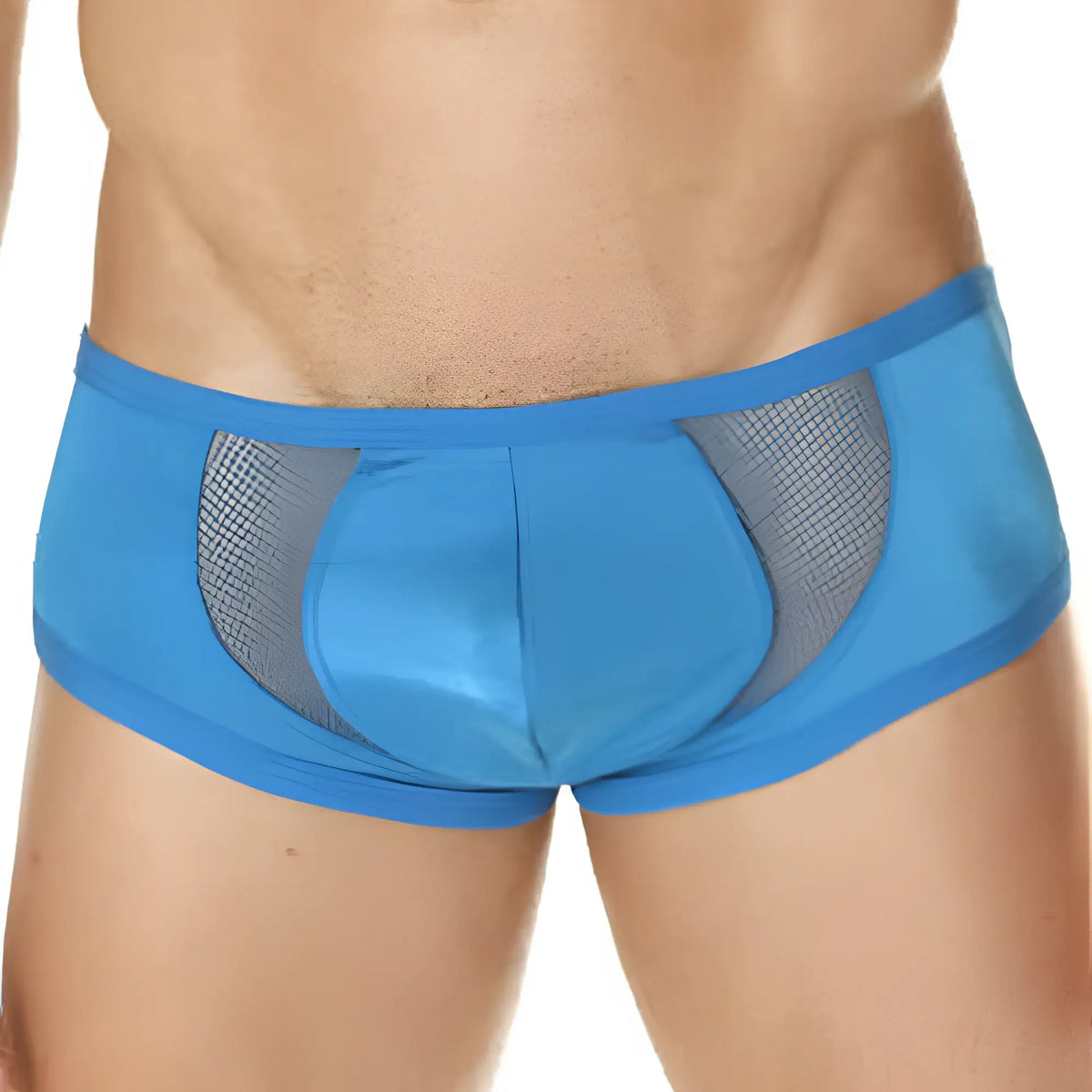 Bright blue Cover Male CM208 intimate briefs with solid fabric center and gray sheer mesh side panels