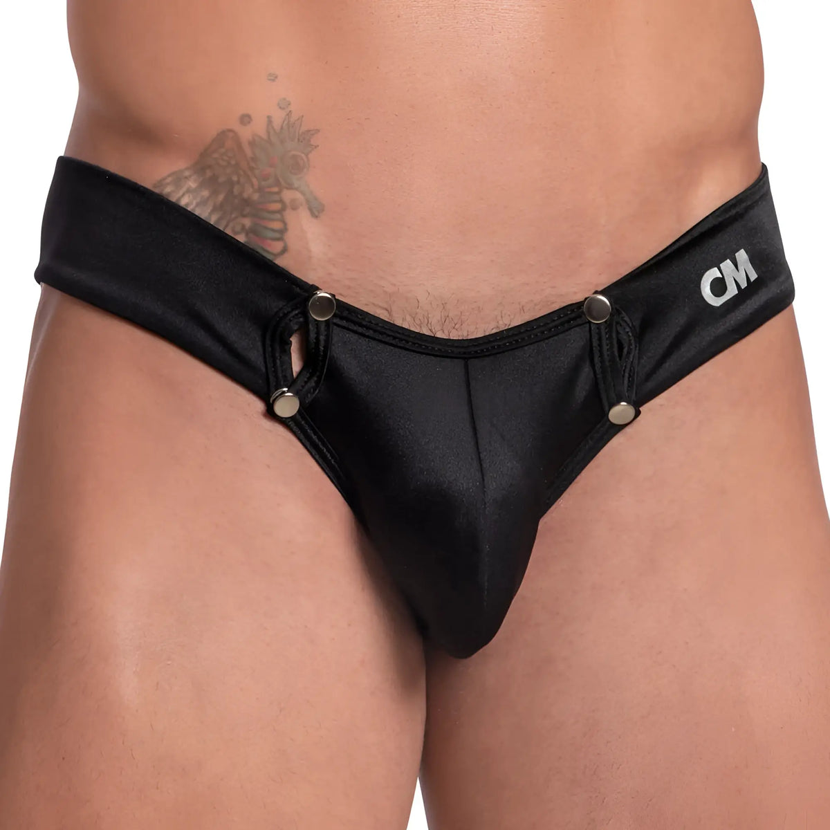 Black satin cover male CME022 button support jockstrap briefs with silver snap buttons and cm logo waistband