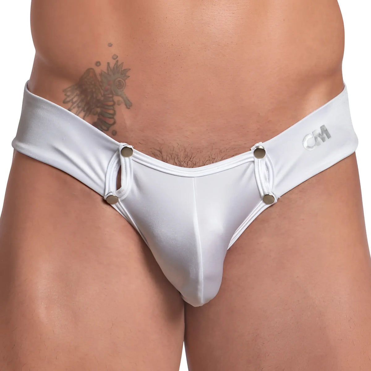 White satin briefs cover male CME022 button support jockstrap with silver metal buttons and subtle cm logo waistband