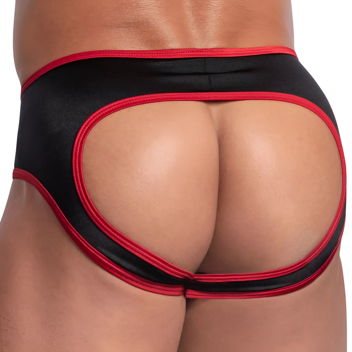 Back view of cover male cme023 black and red satin-trimmed open-back briefs with sides open jockstrap design