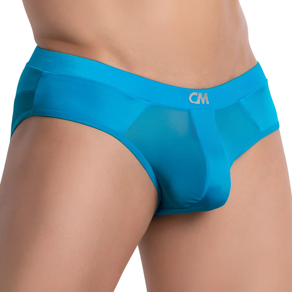 Bright blue sheer mesh briefs with solid fabric waistband featuring cm logo from Cover Male CME024 Naked Fit Jockstraps