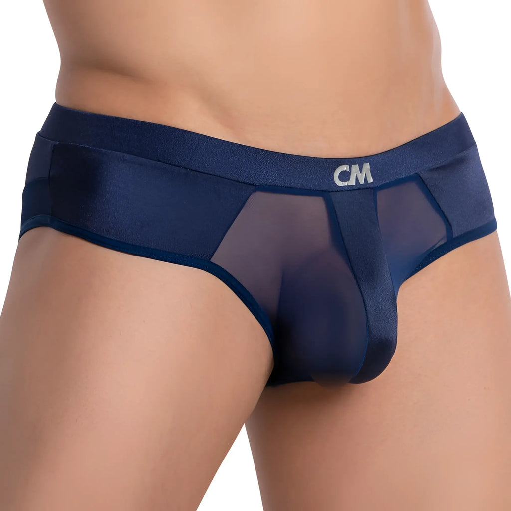 Dark blue sheer mesh briefs with solid fabric waistband featuring cm logo from cover male cme024 naked fit jockstraps