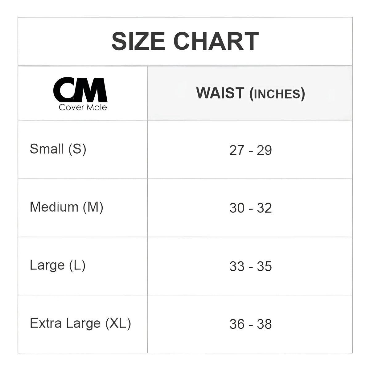 Cover male cme030 jockstrap size chart showing waist measurements in inches for proper fit guidance
