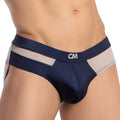 Navy blue and beige mesh-trimmed menâ€™s briefs with cm logo waistband from cover male cme030 jockstrap collection